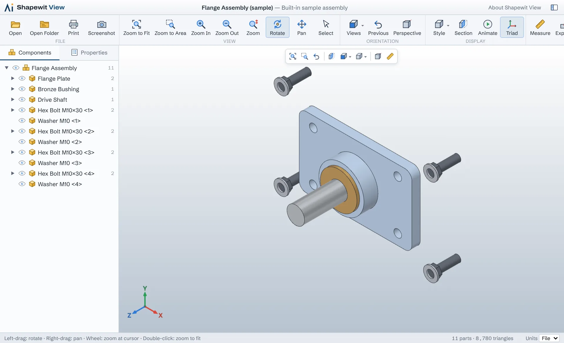 Shapewit View with a sample assembly whose parts are pulled apart. The list of the assembly's parts is on the left.